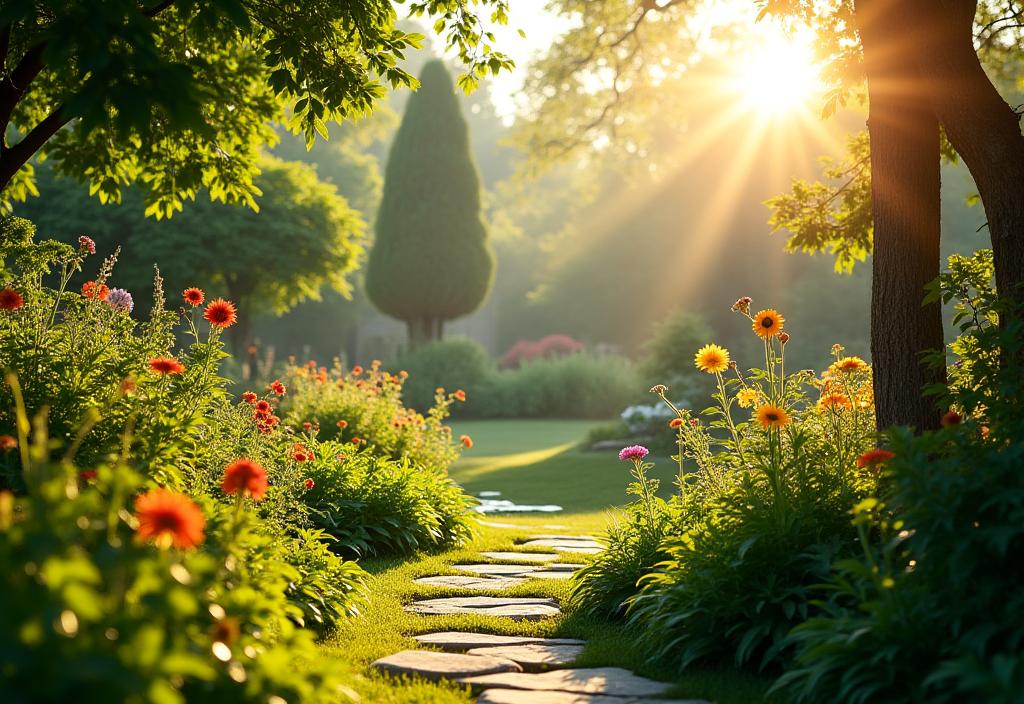 Un jardin luxuriant et bien conçu baigné de soleil.