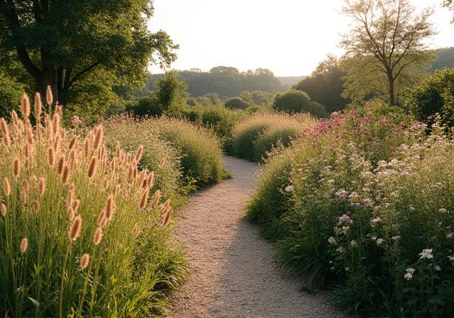 Grand jardin de campagne avec graminées et vivaces en Beaujolais